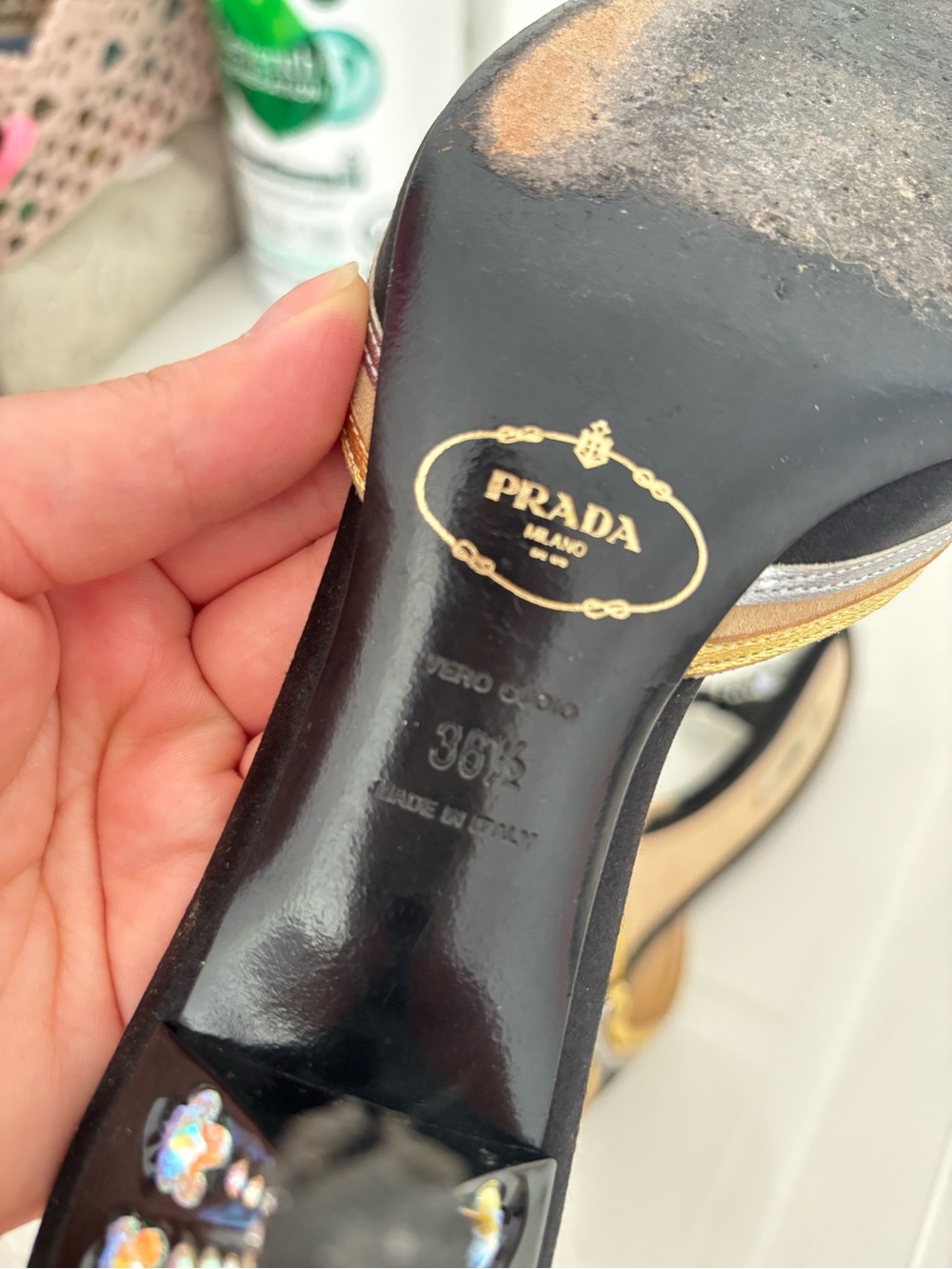 Prada Black, Gold & Silver Open-Toe Slide Embellished Heels - Picture 7 of 7